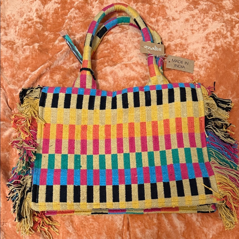 Colorful Striped Tote Bag with Fringe Details
